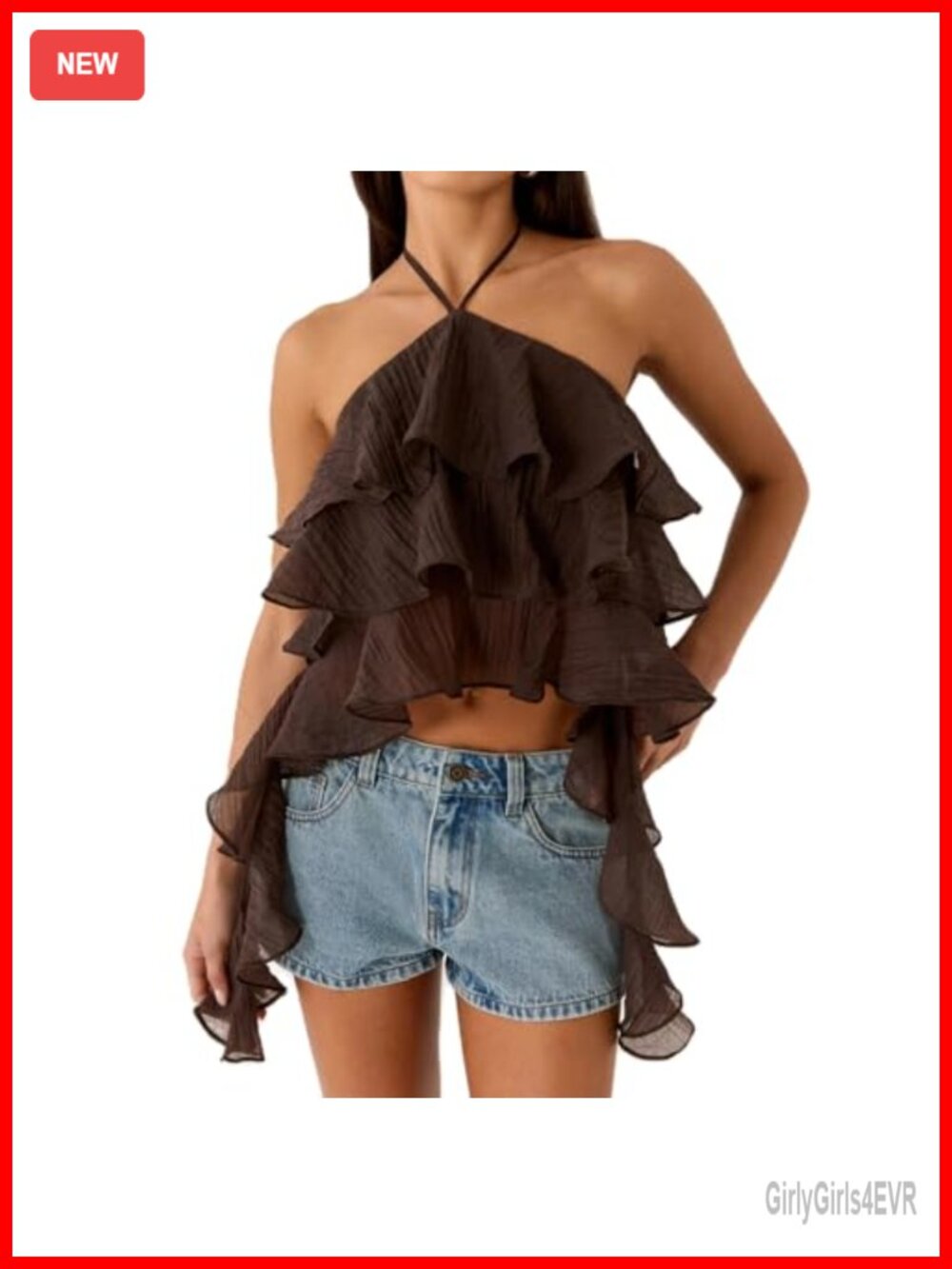 Women Ruffle Halter Top Layered Ruffle Hem Tie Asymmetrical Crop Top Sleeveless